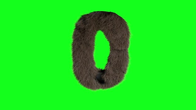 Abstract hairy number 0 zero sign fluffy furry digit green screen chroma key animation 3d