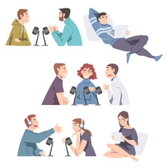 Fototapeta premium People Talking to Microphones Recording Podcast Set, Radio Hosts Communicating in Studio Cartoon Style Vector Illustration