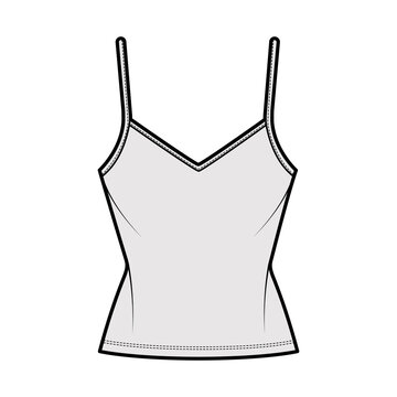 Camisole V-neck cotton-jersey top technical fashion illustration with thin adjustable straps, slim fit, tunic length. Flat outwear tank template front, grey color. Women men unisex CAD mockup