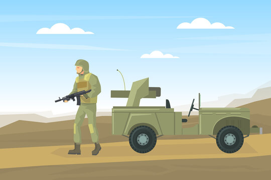 Military Soldier with Gun and Army Vehicle on Desert Landscape Flat Vector Illustration