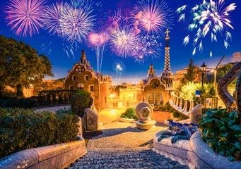 Foto auf Leinwand Fireworks show in Barcelona seen from Park Guell. Park was built from 1900 to 1914 and was officially opened as a public park in 1926. In 1984, UNESCO declared the park a World Heritage Site © Pawel Pajor