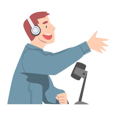 Side View of Man in Headphones Doing Live Audio Podcast with Microphone, Radio Host Communicating with Guest in Studio Cartoon Style Vector Illustration