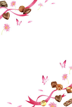 チョコレートとリボンと花と蝶の背景　手描き色鉛筆画　縦