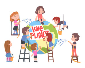 Love Planet Concept, Cute Boys and Girls Taking Care about Ecology of Earth Planet, Conservation of Planet Resources, Environmental Protection Cartoon Vector Illustration