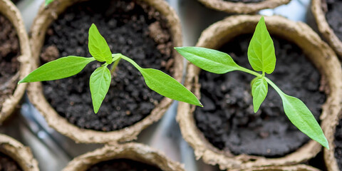 Young seedlings in peat pots. The view from the top. Close up.