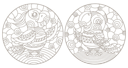 Set of outline illustrations in the style of stained glass with abstract parakeets , dark outlines on white background, round images