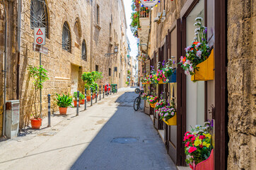 Narrow cobblestone street in Taranto historical city center. Typical italian street with flowers in pots, bicycle and stone walls of buildings in sunny day, Puglia Apulia, Italy