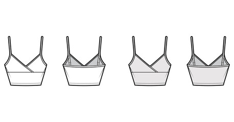 Crop Camisole surplice tank cotton-jersey top technical fashion illustration with empire seam, thin adjustable straps, slim fit. Flat outwear template front back white grey color. Women men CAD mockup