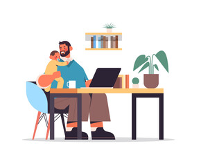 young father with little son sitting at workplace fatherhood concept dad spending time with his kid full length horizontal vector illustration