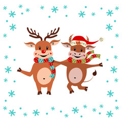 Cute Christmas Reindeer and bull. Cartoon character and snowflakes. Happy New Year. Copy space. Flat design. Vector illustration. A funny animal. The isolated image white background. Template