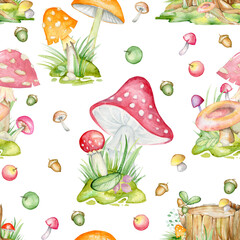 seamless pattern, on an isolated background. mushrooms, leaves, fruits, plants, hand-drawn, watercolor