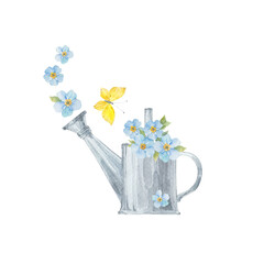 A bouquet of forget-me-nots in a metal watering can. Hand drawn watercolor illustration on white. Perfect for greeting cards, invitations.