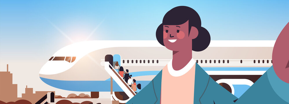 african american woman traveler taking selfie on smartphone camera girl making self photo near airplane horizontal portrait vector illustration