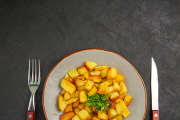 top view tasty fried potatoes inside plate with greens on dark background photo food oil french fries dinner