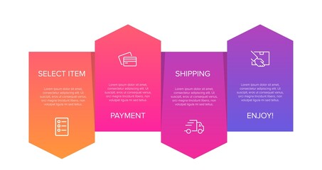 Concept of shopping process with 4 successive steps. Four colorful graphic elements. Timeline design for brochure, presentation, web site. Infographic design layout.