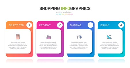 Concept of shopping process with 4 successive steps. Four colorful graphic elements. Timeline design for brochure, presentation, web site. Infographic design layout.