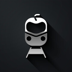 Silver Train and railway icon isolated on black background. Public transportation symbol. Subway train transport. Metro underground. Long shadow style. Vector.