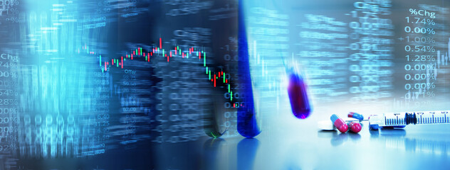 corona virus vaccine syringe and drug with graph of stock market in medical health science business...