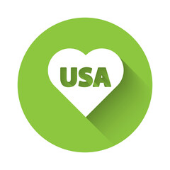 White USA Independence day icon isolated with long shadow. 4th of July. United States of America country. Green circle button. Vector.