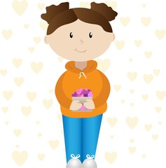 Cute cartoon girl holding a box with pink hearts, flat vector illustration