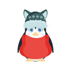 Cute little penguin in a winter hat and jacket. Baby penguin with cute look. For the design of cards and books. Vector.