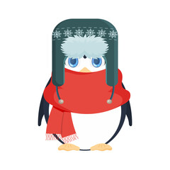 Cute little penguin in a winter hat and a red scarf. Baby penguin with cute look. For the design of cards and books. Vector illustration. Isolated.