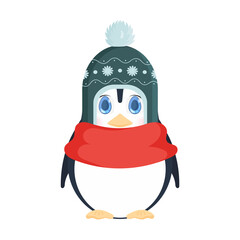 Cute little penguin in a winter hat and a red scarf. Baby penguin with cute look. For the design of cards and books. Vector