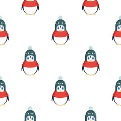 Seamless pattern with cute penguin in a winter hat and a red scarf. Baby penguin with cute look. Suitable for postcards, wrapping paper, books and posters. Vector
