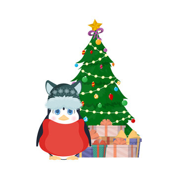 A little penguin with a cute look stands near a Christmas tree with a mountain of gifts. Penguin in a winter hat and a red scarf. New year and christmas concept. Vector.