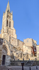 Fototapeta na wymiar Saint-Emilion city center ancient medieval Monolithic Church in Gironde near Bordeaux France