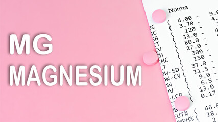Word MAGNESIUM on pink background, medical concept, top view