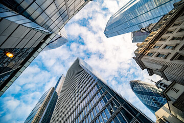 City of London financial district- upwards view including newly built skyscrapers - obrazy, fototapety, plakaty