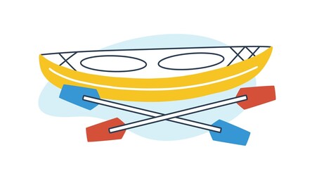 Icon of rowing boat with paddles. Empty kayak with oars. Concept of extreme sport and summer water activity. Canoe isolated on white background. Vector illustration in flat cartoon style