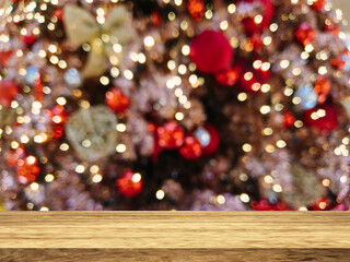 christmas tree with bokeh background and top wooden