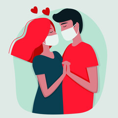 Vector image of young people in love during the coronavirus pandemic. Flat illustration for Valentine's Day. Template for postcards, banners, and websites.