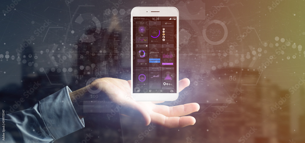 Poster businessman holding smartphone with user interface data on the screen isolated on a background