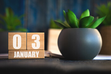 january 3rd. Day 3 of month, Cube calendar with date and pot with succulent placed on table at home Simple calendar. winter month, day of the year concept