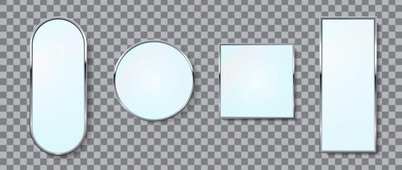 Realistic silver mirrors oval, rectangle, circle, square frame vector set of different colors isolated. Realistic metalic template.  - 399715171