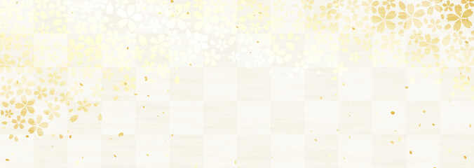 桜の花と市松模様の横長の背景イラスト  © umiberry