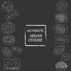 Vector hand drawn of indian cuisine set with aloo gobi, biryani, curry, kofta, naan, navratan, pakora, rasmalai. Design sketch element for menu cafe, restaurant. Illustration on a white background.