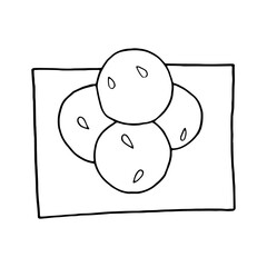 Vector hand drawn doodle laddu. Indian dessert. Design sketch element for menu cafe, restaurant, label and packaging. Illustration on a white background.