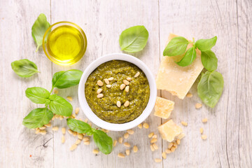 pesto sauce and ingredient- top view