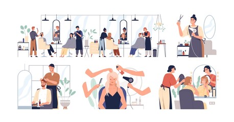 Set of hairdressers and barbers working with clients in hairdressing salon. Hairstylists doing haircuts and hairstyles for men and women. Colored flat vector illustration isolated on white background - obrazy, fototapety, plakaty