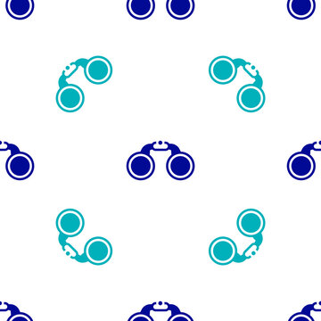 Blue Binoculars icon isolated seamless pattern on white background. Find software sign. Spy equipment symbol. Vector.
