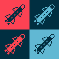 Pop art Rocket icon isolated on color background. Vector.