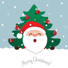 Cartoon vector Santa Claus and decorated christmas tree. Holiday background. Merry Christmas and Happy New Year.