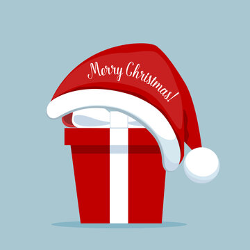Christmas Gift box with Santa hat. Merry Christmas and happy new year. Vector Illustration.
