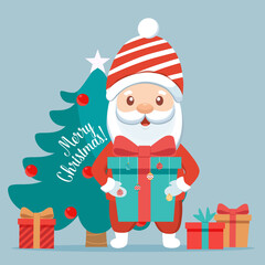 Christmas Santa Claus Cartoon. Merry Christmas and happy new year greeting card. Vector Illustration.
