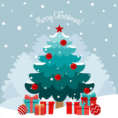 Christmas tree and decorative festive object. Merry Christmas and happy new year. Vector Illustration.