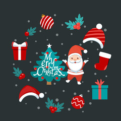Fototapeta premium Christmas Santa Claus Cartoon and Decorative festive object. Merry Christmas and happy new year. Vector Illustration..